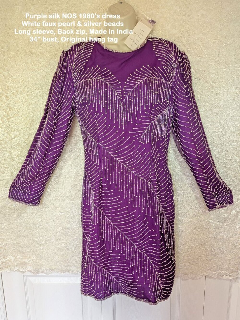 Purple silk NOS 1980's dress, White pearl & silver beads, Long sleeve, Back zip
